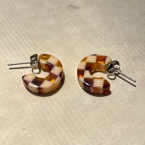 SOLD small hoop 70s groovy retro earrings metal backing brown checkered pattern